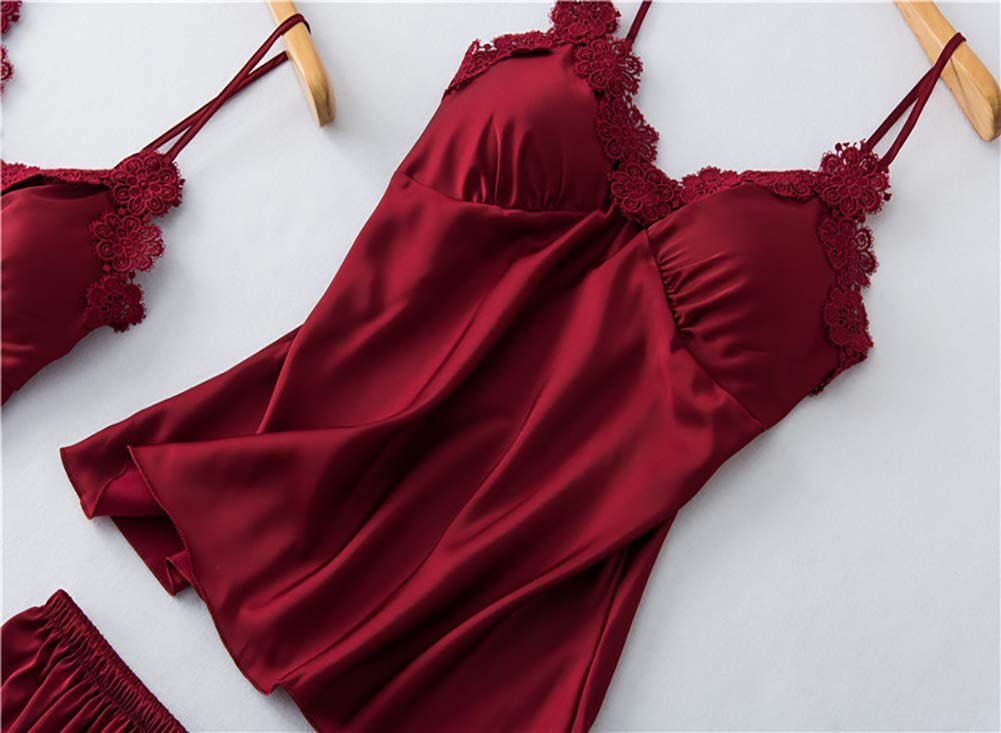 Pigiami da Donna Intimo da Notte da Donna Set Pigiama da Donna in Seta 4 Pezzi Set da Pigiama da Notte in Raso da Notte con Pantaloncini Camicia da Notte Sexy (Color : Red, Size : L-XL) (Red M)
