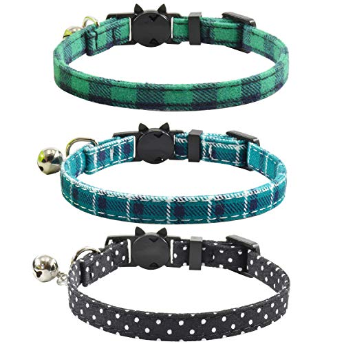 Image of Breakaway cat Collars with Bell, Set of 3, Durable & Safe Cute Kitten Collars Safety Adjustable Kitty Collar for Cat Puppy 7.5-11in (Green,Cyan,Black)