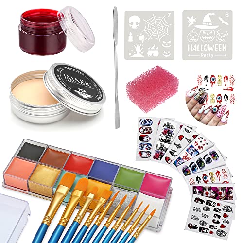 Wismee Halloween Makeup Face Paint Kit, Sfx Makeup Kit, Face Body Paint Special Effect Makeup Palette, Pro Stage Makeup Face Painting Kit with Scar Wax, Fake Blood Gel with 10 Brushes (Set A)