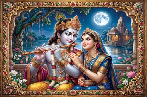 Image of Rangoli Radha Krishna Self Adhesive Poster 18x12 Inch | Divine Hindu God Wall Sticker Poster for Home Temple Pooja Room Living Room Bedroom Decor | Spiritual Devotional Wall Art
