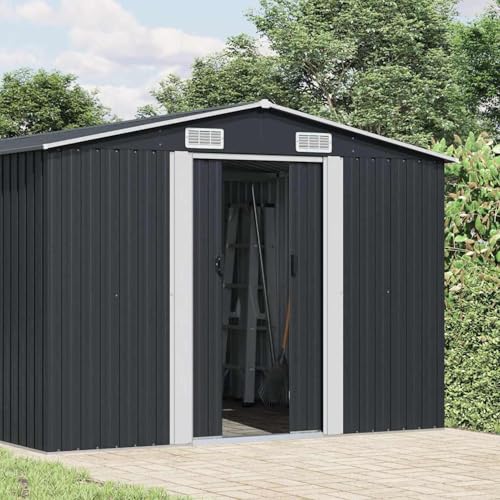WGYHOME Cobertizo de metal antracita 257 x 580 x 181 cm con puertas correderas dobles y rejillas de ventilación, cobertizo de herramientas para jardín, garaje y almacenamiento exterior