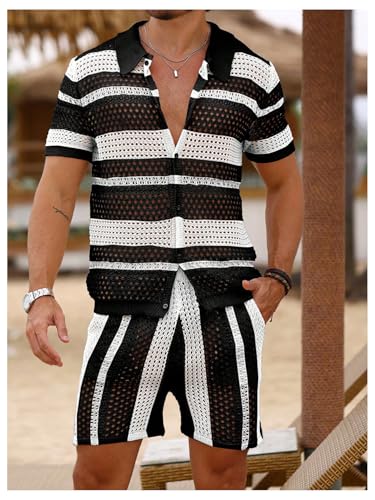 Verdusa Men's Knitted 2 Piece Outfitd Short Sleeve Hollow Out Button Up Shirt and Shorts Set3