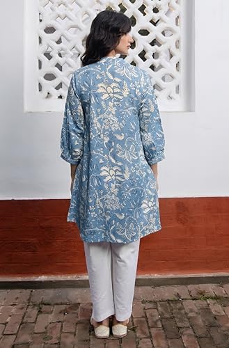 Image of Janasya Women's Pure Cotton Floral Printed A-Line Tunic