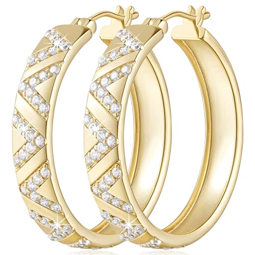 14K Gold Hoop Earrings for Women 14K Gold Earrings V-Shaped Cubic Zirconia Inlay Thick Hoops Womens Earring 25/30mm