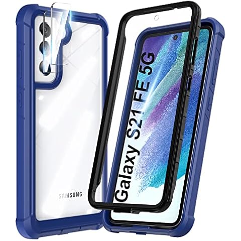 HATOSHI Samsung Galaxy S21 FE 5G Case with Built in Screen Protector, Full-Body Military-Grade Protective Rugged Clear Phone Case Cover with 2 Pack Camera Lens Protector for Samsung S21 FE, Blue Cover