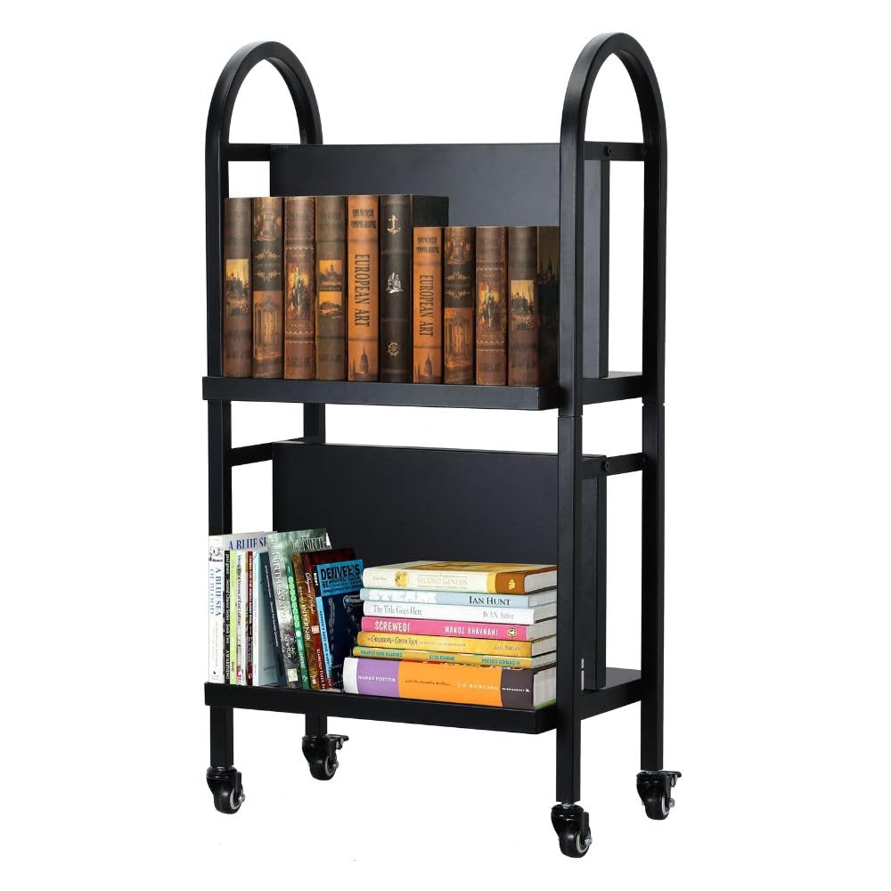 Rolling Library Book Cart - 34 Inches Tall, 100LBS Capacity Double Sided for Easy Organization - Sturdy, and Versatile Office Book Cart with 4 Lockable Wheels