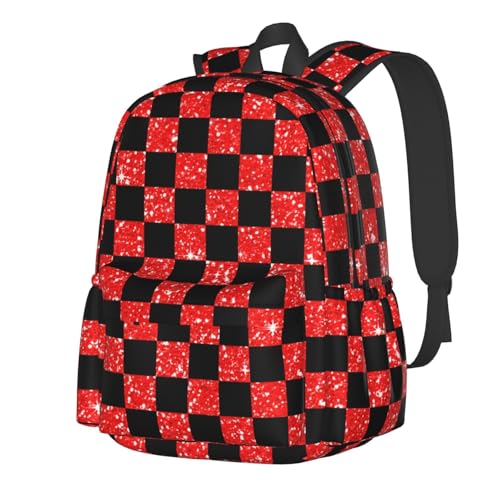 Glitter Red Black Checkered Flag 15 Inch Backpack for Men Women Adjustable Laptop Backpacks Shoulder Bag for Travel Hiking Outdoor