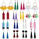 Outee 16 Pairs Tassel Earrings Long Layered Thread Ball Dangle Earrings Fringe Bohemian Tiered Tassel Drop Earrings Colorful Earrings Fashion Jewelry Gift for Girls Women