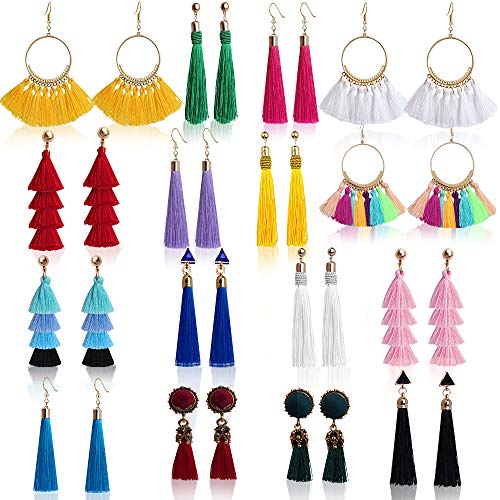 Outee 16 Pairs Tassel Earrings Long Layered Thread Ball Dangle Earrings Fringe Bohemian Tiered Tassel Drop Earrings Colorful Earrings Fashion Jewelry Gift for Girls Women
