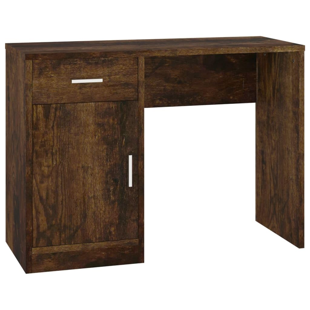 Schreibtisch Räuchereiche mit Stauraum 100x40x73 cm, Holzwerkstoff, Schublade und Schrank, kompakter Computer- und Home Office Tisch für kleine Räume und Büroorganisation