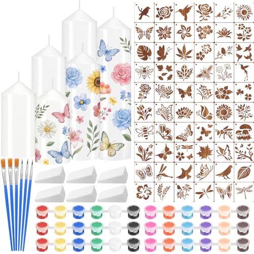 Treela 84 Pcs DIY Candle Painting Craft Kit 6 White Pillar Candles 60 Flower Stencils 6 Colorful Acrylic Paint Strips 6 Paintbrushes and 6 Sponges for Crafts Birthday Holiday Wedding Tea Party Favors