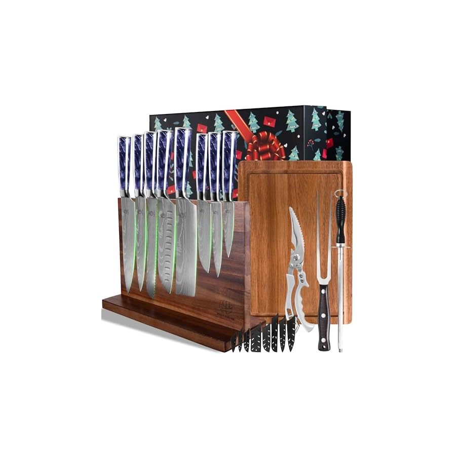 FULLHI-13pcs-gift-box-Knife-Set-with-Magnetic-Knife-Block-HolderCutting-Boardskitchen-Scissorsturkey-forksharpening-rodKitchen-Knife-Set-First-choice-for-gift-giving-Purple-Resin FULLHI 13pcs gift box Knife Set with Magnetic Knife Block Holder,Cutting Boards,kitchen Scissors,turkey fork&sharpening rod,Kitchen Knife Set First choice for gift giving (Purple Resin)