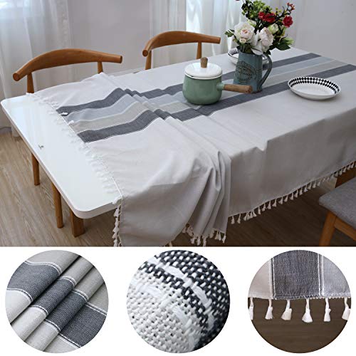 YISUN Table Cloth, Stitching Tassel Rectangle Tablecloth Cotton Linen Dust-Proof Table Cover for Rectangle Table Cloths for Kitchen Dining Party (Rectangle/Oblong, 55 x 86 Inch, Light Gray)