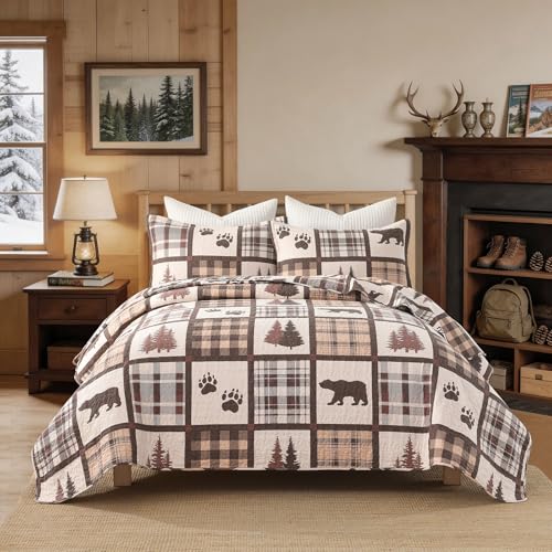 LORRIARD 100% Cotton Queen Quilt Set - Brown and White