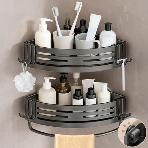 Image of Conworld Corner Shower Caddy Suction Cups, No-Drilling Corner Shower Shelf | 1. No Drilling, No Wall Damage 2. Aluminum, Rustproof 3.Suitable for Ceramic Tiles and Glass Walls