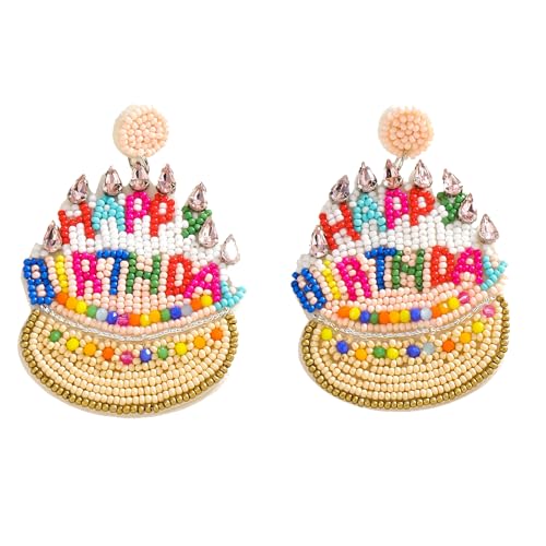 Beaded Happy Birthday Cake Dangle Earrings for Women Handmade Beads Cute White Cake Drop Earrings for Birthday Party Jewelry Gifts