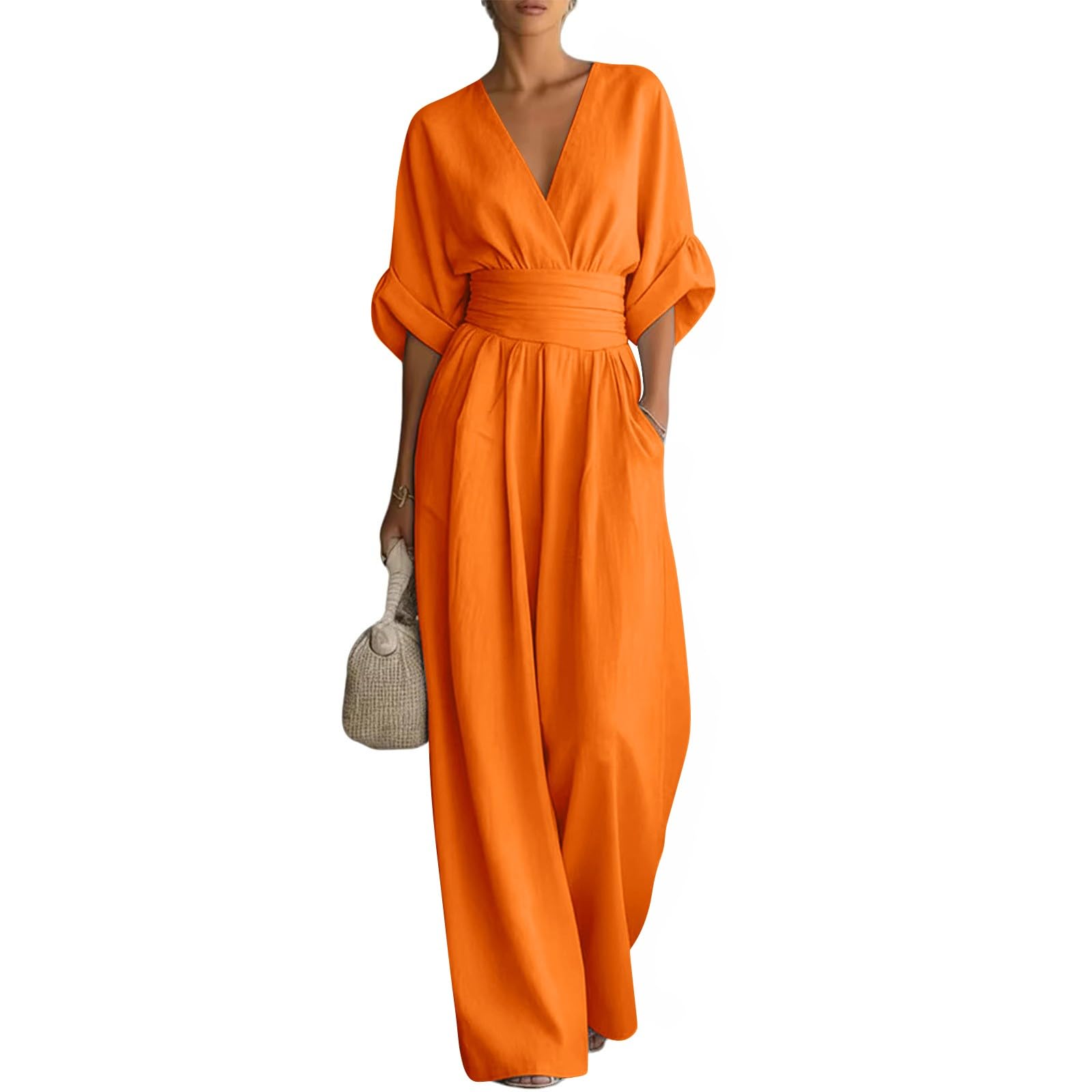 Generisch Tuta da donna elegante, taglie grandi, tuta intera a mezza manica con scollo a V, tuta sciancrata, tuta lunga a gamba larga, tinta unita, tuta intera in mussola per matrimoni e feste
