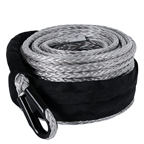 Image of WROUGH 3/8 in x 95 ft Synthetic Winch Rope with Protecting Sleeve and Thimble, 26,500 lb Break Strength - Heavy Duty Winch Rope for ATV, UTV, Boat Trailer, Jeep, Quad, Polaris, Winch Cable (Grey)