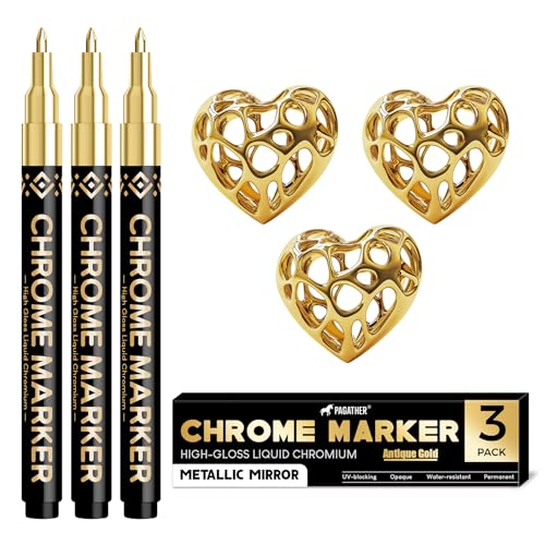 Pagather 3Pcs Chrome Paint Markers Gold Color Permanent Mirror Liquid Chrome Pens for Plastic Metal Model Jewelry Wheel Painting Touch Up & Repair Kit DIY Art Projects