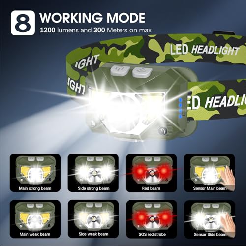 Image of LHKNL Headlamp Flashlight, Lumen Ultra-Light Bright LED Rechargeable Headlight with White Red Light,2-Pack Waterproof Motion Sensor Head Lamp,8 Mode for Outdoor Camping Running Fishing- Green