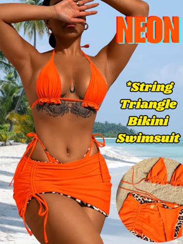 Image of ShawGobow Womens 3 Piece Leopard Bikini Set,Triangle String High Cut Thong Sexy Swimsuit & Coverup Skirt,Pool Party Outfit