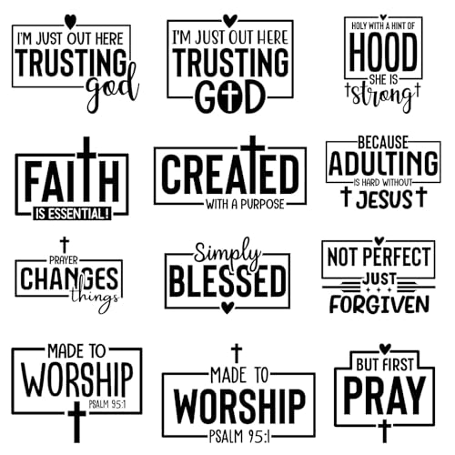 12Pcs Bible Verse Jesus God Iron on Decals for Clothing DIY Heat Transfer Vinyl Stickers for T-Shirt Jeans Pillow Cover Craft Appliques Decor