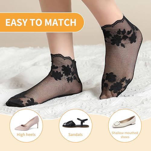 Image of SooGree 3Pairs Lace Socks No Show Frilly Ankle Socks Knit Cotton Socks Non Slip Low Cut Socks for Women Lace Floor Socks