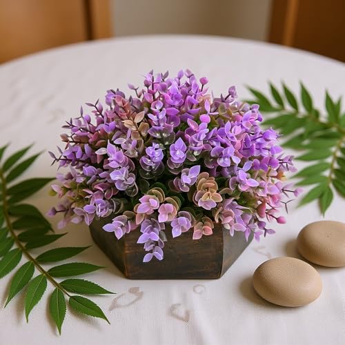 fancymart Artificial Hackleberry Purple Plant in Wood Hexagon Pot - 15cm...