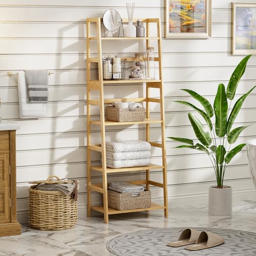 Ladder Shelf, 5-Tier Bookshelf, All Bamboo Heavy Duty Bookcase, Freestanding Open Wood Storage Rack, Modern Corner Display Plant Stand for Living Room, Home Office, Bathroom, Bedroom, Natural - Image 6