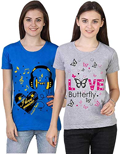 VEERAA CLOTHINGWomen's Classic Fit T-shirt (Set of 2) (VRCWMCMB003_XL_Grey & Blue_X-Large)