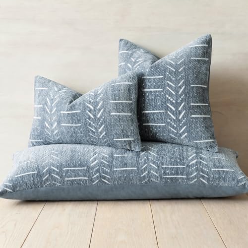 Image of Foindtower Set of 2 Decorative Chenille Jacquard Throw Pillow Covers Textured Farmhouse Lumbar Cushion Covers Modern Boho Accent Home Decor for Sofa Chair Couch Bedroom Living Room,12x20 Inch,Blue
