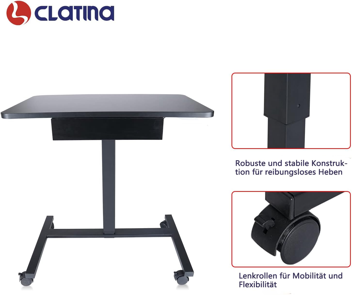 CLATINA Höhenverstellbarer Laptop Tisch mit Feststellrollen Schublade Mobiles Stehpult Überbettisch als Computertisch Arbeitswagen mit Höhenverstellung für Home-Office Seminarraum Schwarz