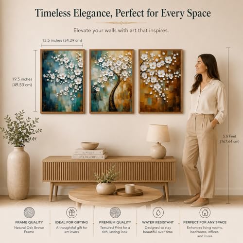 Image of Livin'luxe Set of 3 White Blossom Tree Wall Paintings for Living Room Bedroom Hallway Decor with Premium Wooden Color Synthetic Frame (13.5 x 19.5 Inch) NM03-94