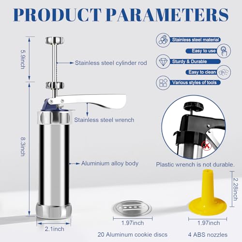 YEHOSHUN Cookie Press Kit, Upgraded Cookie Maker Gun, Stainless Steel Spritz Cookies Press for Baking With 20 Cookies Discs And 4 Piping Tips, for DIY Christmas Cook-ie Maker and Decorating