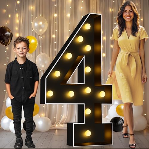 Image of Pooqla 4FT Marquee Light Up Numbers 4 for 4th 40th Birthday Decorations | Black LED Marquee Numbers Party Backdrop, 4 Feet Large Mosaic Numbers 4th 40th Anniversary Birthday Gift for Boys Men