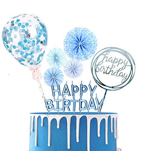 BOYATONG Tortendeko Blau Geburtstag, Happy Birthday torten Topper, Cake Topper, Kuchen Deko, Geburtstagstorte Dekoration mit Kerzen Konfetti Luftballon Sterne und Papierfächer für Junge und Mädchen