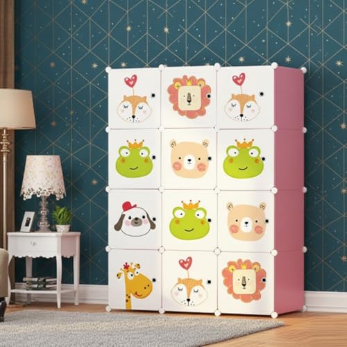 Image of KRISHYAM Kids Modular Storage Cabinet with Cartoon Animal Doors, 12 Cube Plastic Wardrobe Organizer, DIY Closet System with Hanging Rod, Toy & Clothes Storage (Pink, 12 Box)