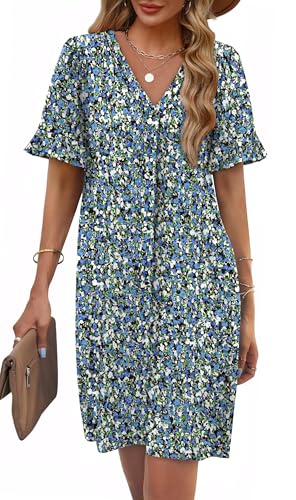 Image of OFEEFAN Summer Dresses for Women Ruffle Short Sleeve V Neck Casual Shift Dress with Pockets