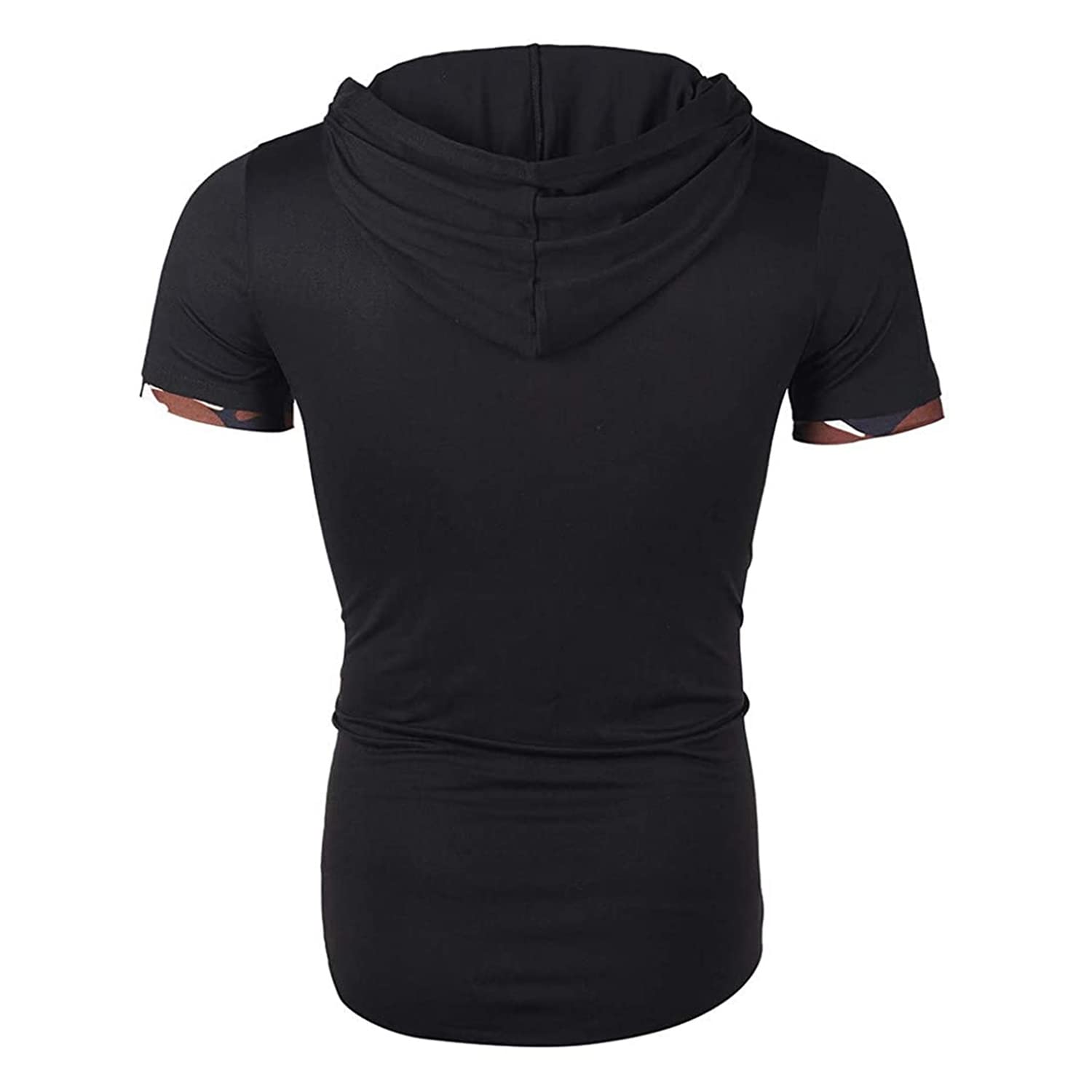 Maiyifu-GJ Men's Casual Hoodie Scratch Camouflage Colorblock Short Sleeve Pullover Summer Personalized Drawstring Top Blouse (Black,Large)