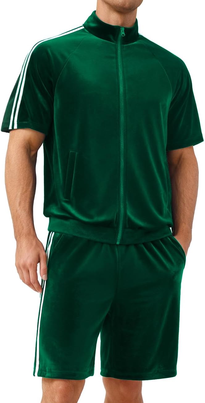 Velour Tracksuit Mens 2 Piece Set Casual Short Sleeve Sweatsuit Outfits Zip Up Velvet Jacket Pants Set