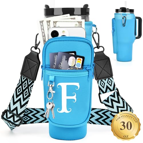 LOKASS Personalized for Stanley Cup Accessories 30oz, Initial Stanley Cup Holder with Strap, Cup Carrier Bag Water Bottle Holder with Phone Pocket Gifts for Women,Girls,Travel,Walking,Work