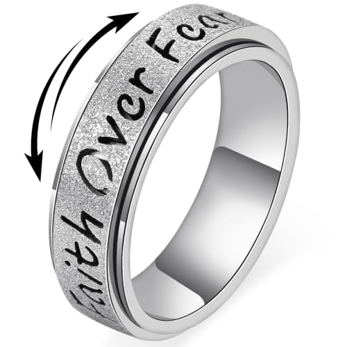 Fidget Spinner Ring for Women - Faith Over Fear Stainless Steel Anxiety Relief Rings for Adults Christian Inspirational Hope Thumb Ring for Stress & Focus Jewelry Gift for Women Men (Silver 5)