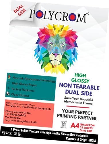 Image of Polycrom Premium A4 180 Micron Double Sided Non-Tearable, Water Proof, Instant Dry Glossy Inkjet Photo Paper A4 (210 x 297 mm) (A4 - 25 Sheets)