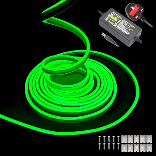 Gcidto Flexible 5M Green Neon LED Strip Lights，12V DC 600 LEDs Waterproof SMD2835 for DIY Decor Lights for Parties, Bars, Bedrooms, Store Signs(Includes Power Adapter).
