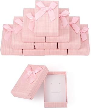 KISSITTY 12Pcs Pink Jewelry Gift Boxes Rectangle Earring Necklace Ring Packing Boxes Jewelry Package Cardboard Paper Boxes with Sponge Bowknot 3.27x2.09x0.94 Inch for Jewelry Packaging