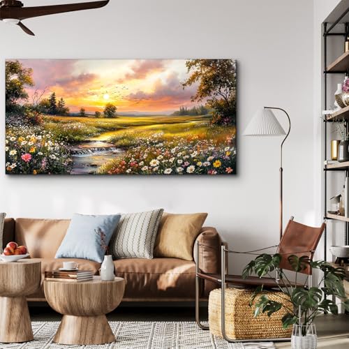 crmotu Nature Sunset Wall Art, Pastoral Extra Large Landscape Painting, River Meadow Wildflower Canvas Prints, Rustic Wall Pictures for Living Room Dining Room Farmhouse Decor Ready to Hang 30X60 In