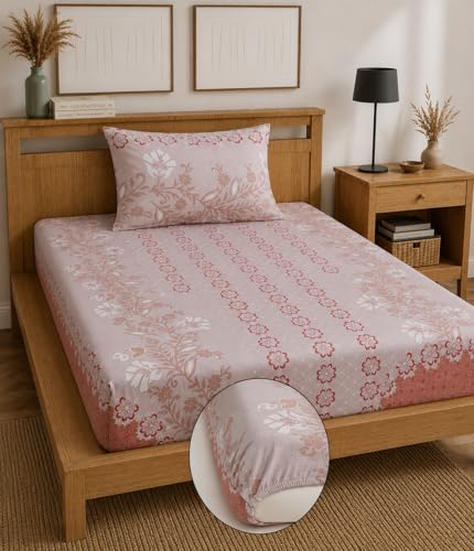 Image of 215 TC Glace-Cotton All Around Elastic Fitted Bedsheet, Elastic Fitted Bedsheet Single Size Bedsheet for Single Bed with 1 Pillow Cover, Size - 72 x 36 x 8 Inch Color