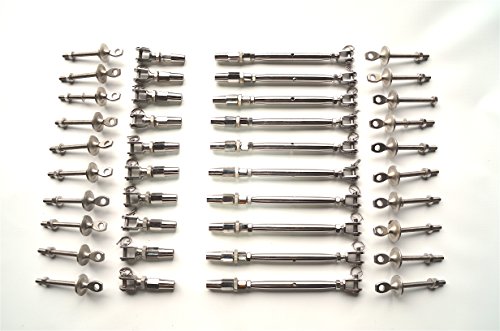 5/32 Cable Railing Kit Tensioner Quick Installation Stainless Steel 316 Polished 10-Pack, Welded Fork Swageless 10-Pack, Eye Terminal with Thread and Washer 20-Pack