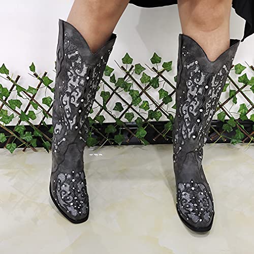 Wiralomi Women Printed Western Rhinestones Cowboy Cowgirl Boots Square Toe Embroidered Retro Pull On Mid Calf Boots Wedding Travel #TOP2