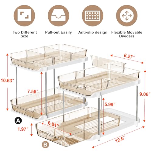 Delamu 2 Sets of 2-Tier Multi-Purpose Bathroom Under Sink Organizers and Storage, Stackable Kitchen Pantry Organization, Pull Out Medicine Cabinet Organizer with 8 Movable Dividers, Amber